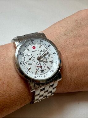 Michele Silver Stainless Steel Chronograph Watch with White Dial